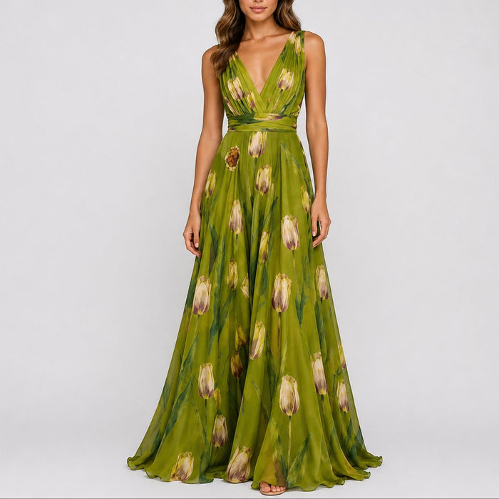 Annika | Damen Blumen Maxi Hochzeitskleid Gast tief V-Ausschnitt Chiffon
