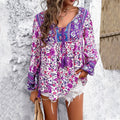 Elfriede | Damen Blumen-Tunika V-Ausschnitt Quasten-Kordel Boho-Oberteil