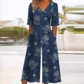 Annika | Damen Boho Blumenmuster V-Ausschnitt Halbarm Jumpsuit