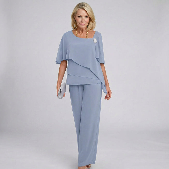Marlene | Damen Chiffon Cape-Ärmel Two-Piece Set mit weiten Beinen