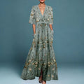Emilia | Damen Elegante Blumen Maxi Abendkleider mit tiefem V-Ausschnitt