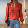 Clara | Damen Elegante Spitzenbesatz Langarm Bluse V-Ausschnitt