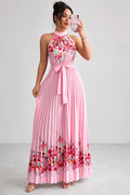 Emilia | Damen Geblümtes Plissee-Neckholder Midi-Kleid