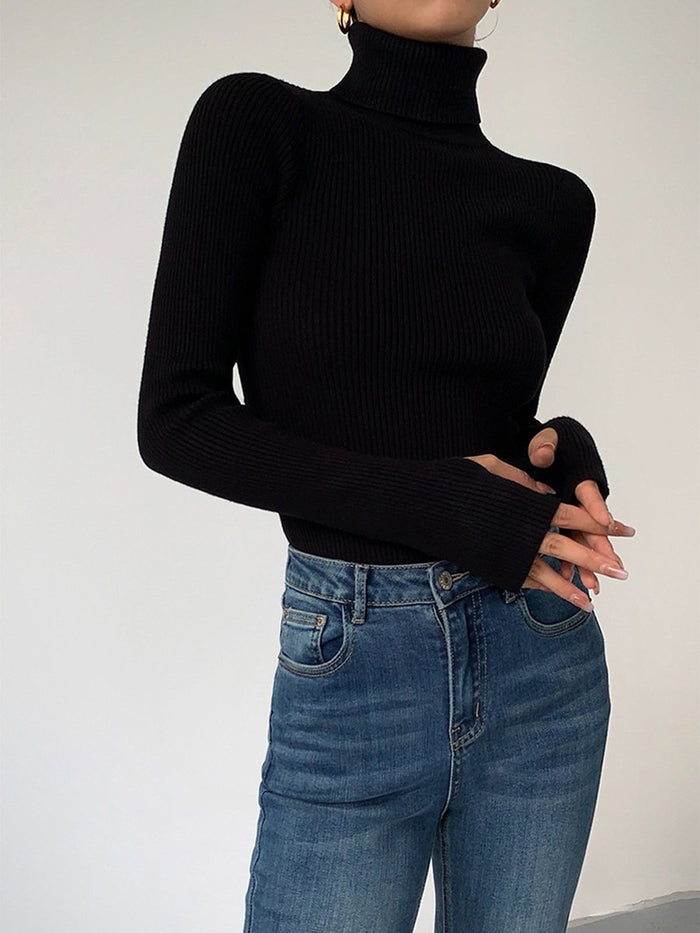 Damen Gerippter Rollkragenpullover Slim Fit Langarm