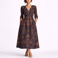 Elisabeth | Damen Herbst Hochzeitsgast Blumen Maxi-Kleid V-Ausschnitt Leinen