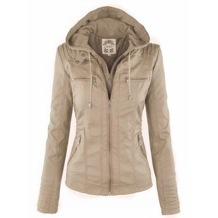Katharina | Damen Kunstleder Bikerjacke mit Abnehmbarer Kapuze Reißverschluss