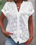 Amelie | Damen Kurzarm Blumenstickerei Knopf-Bluse