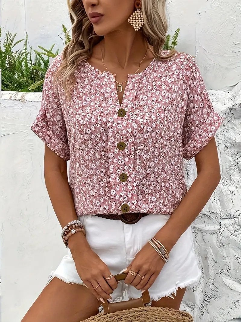 Charlotte | Damen Kurzarm-Bluse mit Blumendruck und Knopfleiste aus Baumwolle