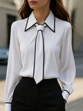Frieda | Damen Langarm-Bluse mit Krawatten-Detail Kontrastkragen Knopfleiste