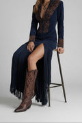 Katharina | Damen Langarm Maxi-Kleid mit Fransen und Western-Stickerei