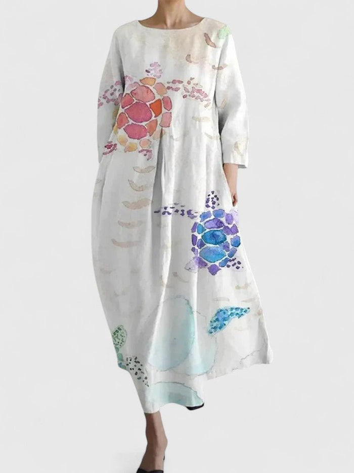 Greta | Damen Langarm Midi-Kleid mit Meerestier-Print
