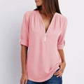 Marlene | Damen Leichte Zip-V-Ausschnitt Krempelarm-Bluse