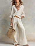 Leonie | Damen Leinenoptik Zweiteiler Relaxed-Fit Wide Leg Pants Set V-Ausschnitt
