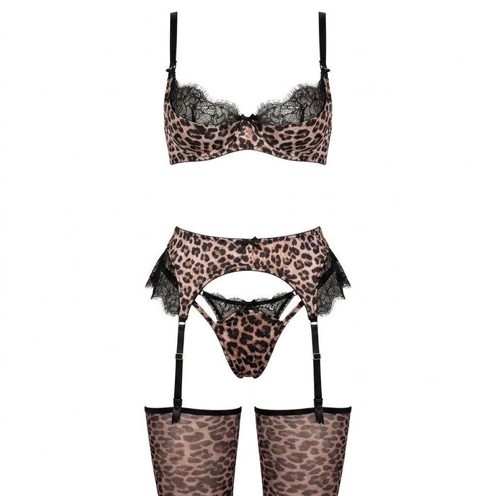 Luisa | Damen Leopardenmuster Spitzen-BH Strumpfgürtel Set
