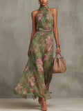 Marie | Damen Neckholder Chiffon Maxi Kleid mit Blumenmuster