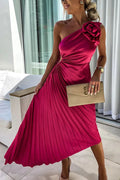 Mia | Damen One-Shoulder Plissee Maxi Kleid mit Blumendetail