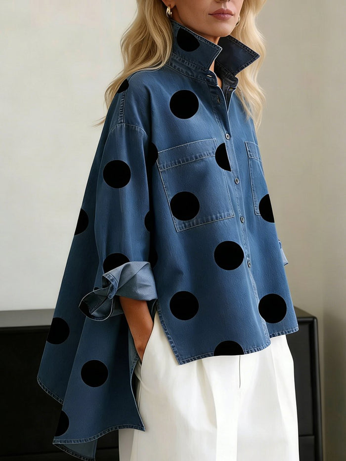 Clara | Damen Oversized Langarm Polka-Dot Hemdbluse