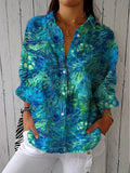 Emilia | Damen Pfauenfeder-Muster Langarm Knopfleiste Bluse