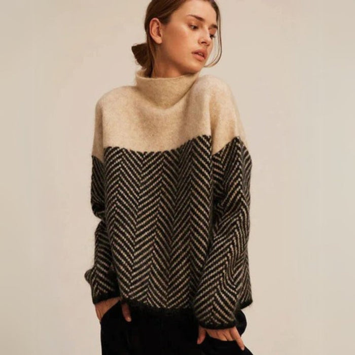 Damen Rollkragenpullover Oversized mit Fischgrätmuster