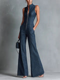 Greta | Damen Stretch-Denim Schlaghose Overall Reißverschluss