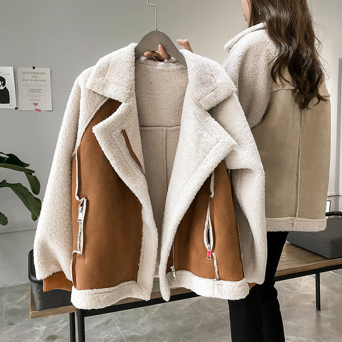 Damen Teddyjacke Oversized mit Zweifarbigem Design