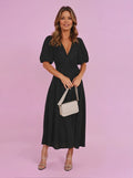 Emilia | Damen V-Ausschnitt Puffärmel Midi-Kleid mit Smok-Taille