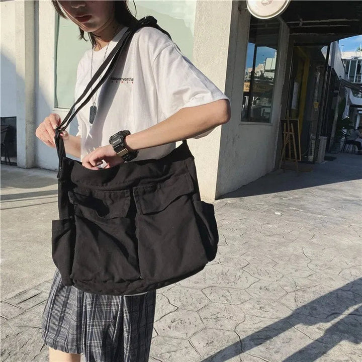 Emilia | Damen Vintage Canvas Tote Bag große Schultertasche mit Seitentaschen