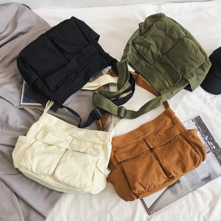 Emilia | Damen Vintage Canvas Tote Bag große Schultertasche mit Seitentaschen