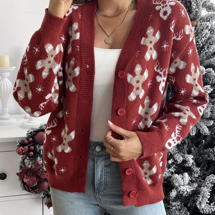 Damen Strickjacke mit Weihnachtsmuster und Knopfleiste