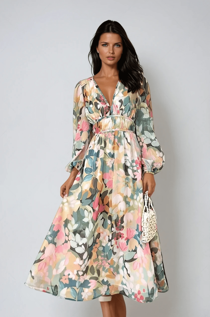 Damen Midi-Kleid mit Ballonärmeln und Blumenmuster
