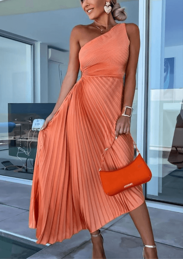 Hanna | Damen Falten-Maxi-Kleid mit One-Shoulder-Design