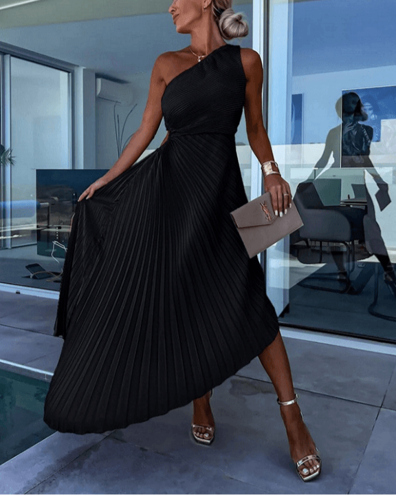 Hanna | Damen Falten-Maxi-Kleid mit One-Shoulder-Design