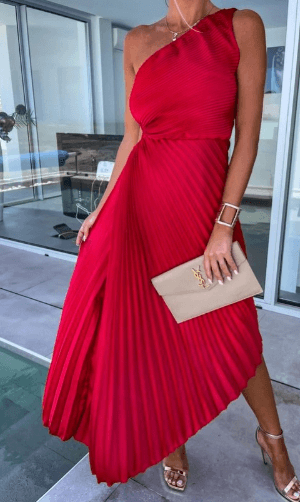 Hanna | Damen Falten-Maxi-Kleid mit One-Shoulder-Design