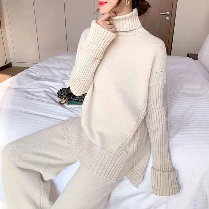 Damen Strickset Rollkragenpullover mit Schlaghose