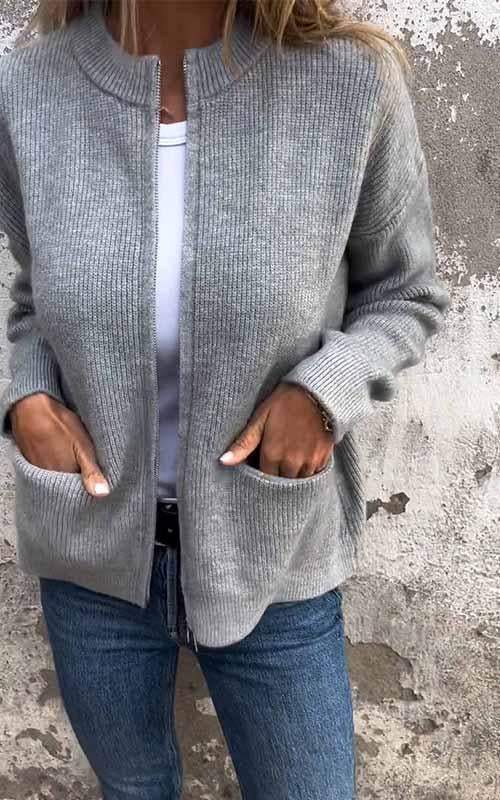 Damen Strickjacke mit Reißverschluss und Stehkragen