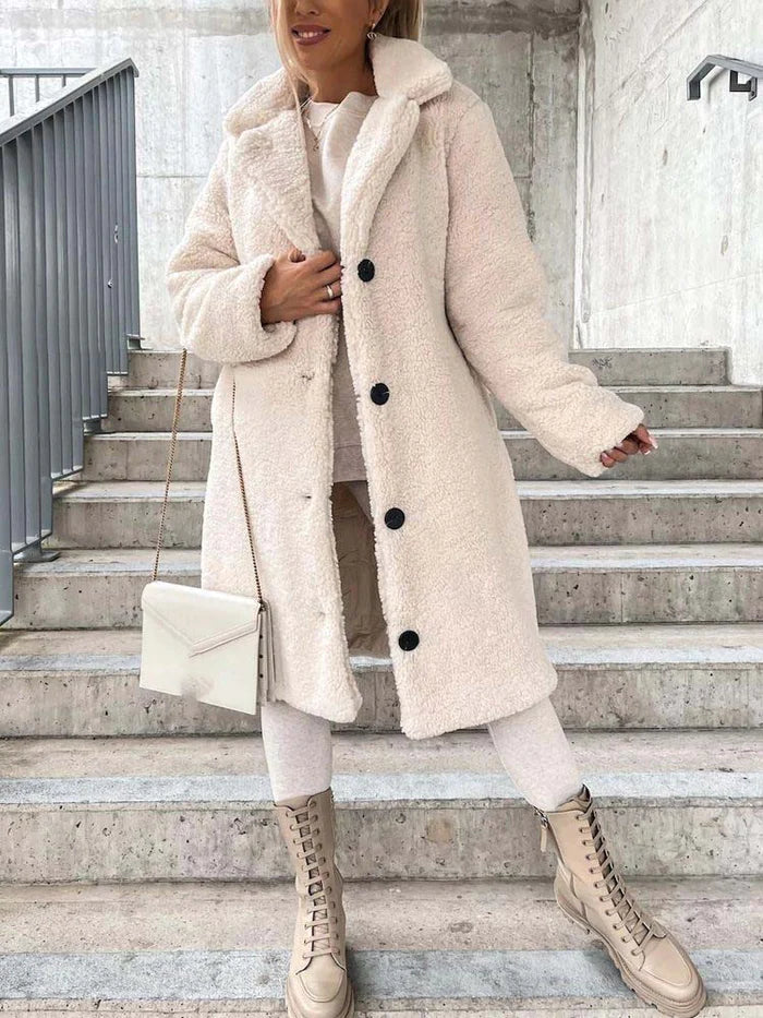 Damen Teddymantel Lang mit Reverskragen und Knopfleiste