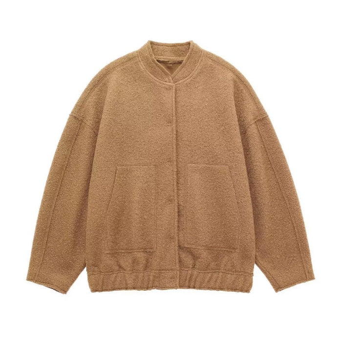Damen Oversized Teddy-Jacke mit Rundhals und Druckknopf