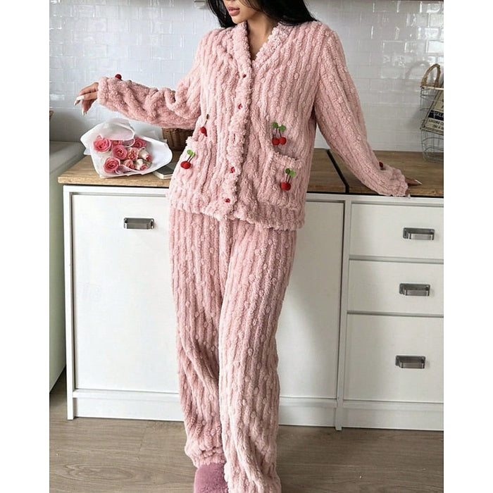 Damen Flauschiges Loungewear-Set mit V-Ausschnitt