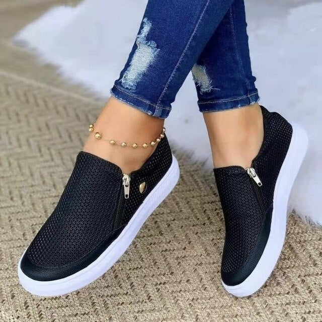 Damen Slip-On Sneaker mit Reißverschluss und Netzmuster