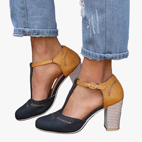Damen T-Riemen Pumps mit Blockabsatz und Schnallenverschluss